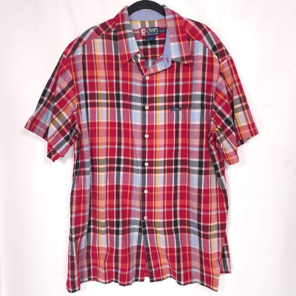 Vintage CHAPS RALPH LAUREN Plaid Shirt Red Multi Short Sleeve Cotton XL 232710